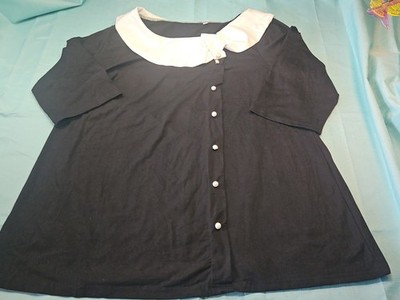 Women's Plus 1XL Black w/White Collar & Pearl Buttons Accent & 3/4 Sleeves