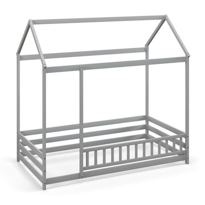 Twin Size House Bed with Roof & Full-length Safety Guardrail Playhouse Bed Frame
