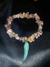 REIKI Blessed Leopard Jasper Stretchy Bracelet with Feather of Ma'at, Egyptian
