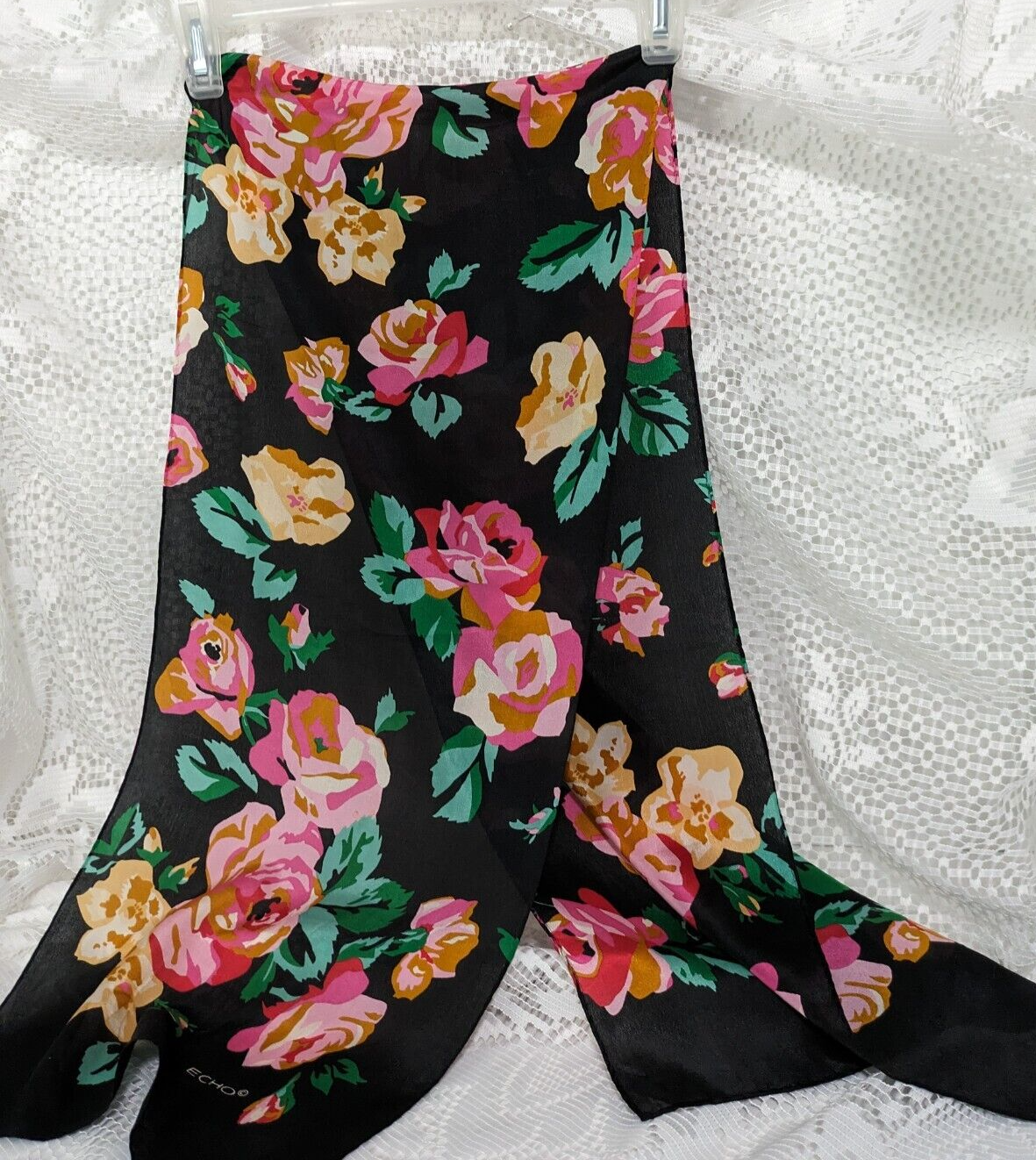 VTGE Hand Rolled Black Pink Roses Echo Scarf 52x11.5in Grannycore Designer Wrap