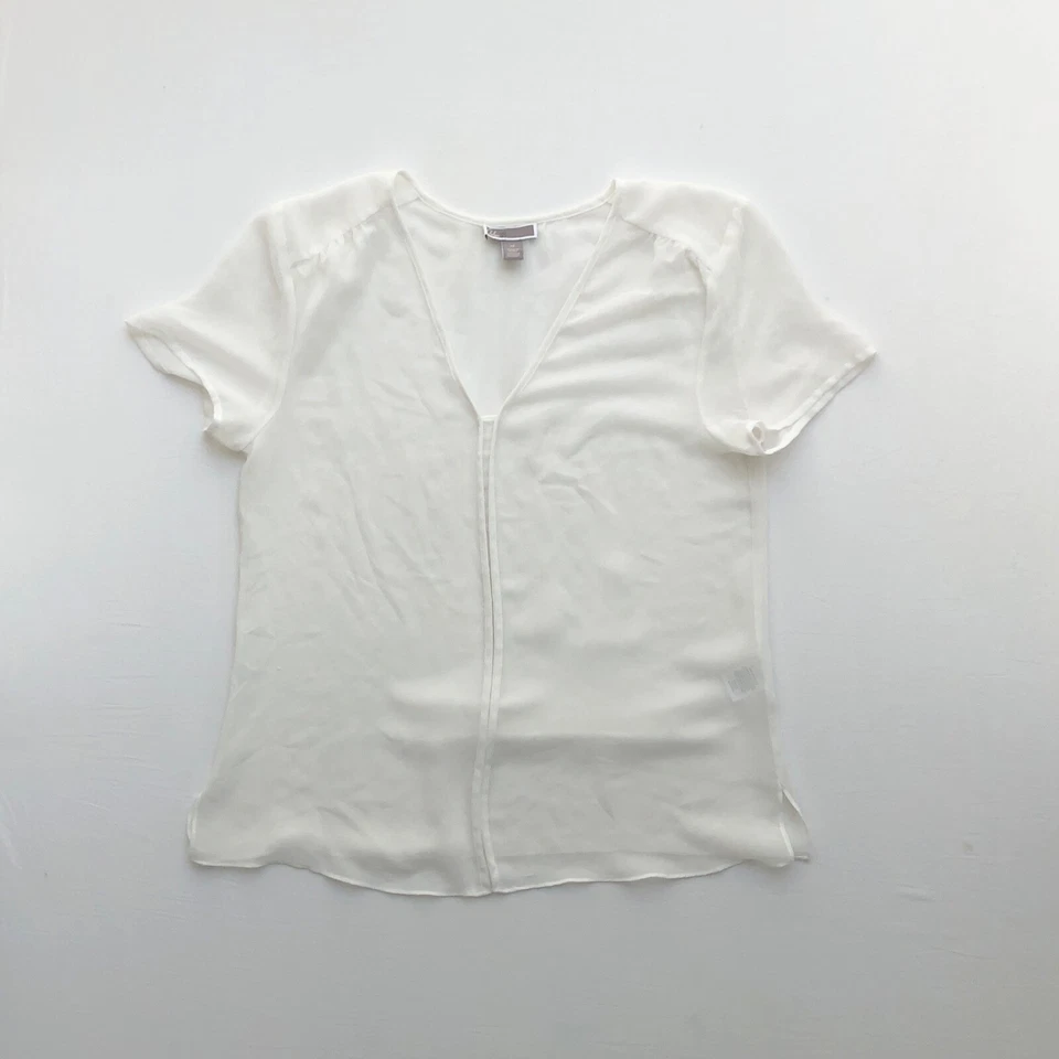 Y2K White Slinky Sheer Cap Sleeve Office Siren V-Neck Side Slit Blouse XS S M - Image 2 of 4