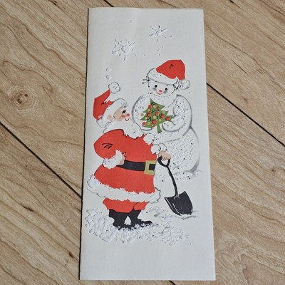 Vintage 60s Christmas Holiday Card Santa & Snowman Hawthorne Sommerfield Litho