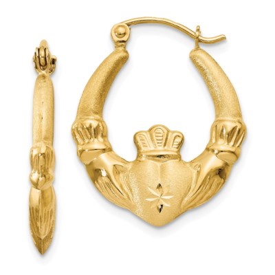 Real 14kt Yellow Gold Polished and Satin Claddagh Hoop Earrings