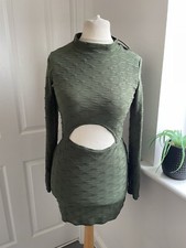 Pretty Little Thing S Green Textured Long Sleeve Cut Out Mini short Dress 14