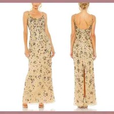 Mac Duggal 5477 Beige Gold Floral Embellished Scoop Neck Evening Gown Sz 10 NEW