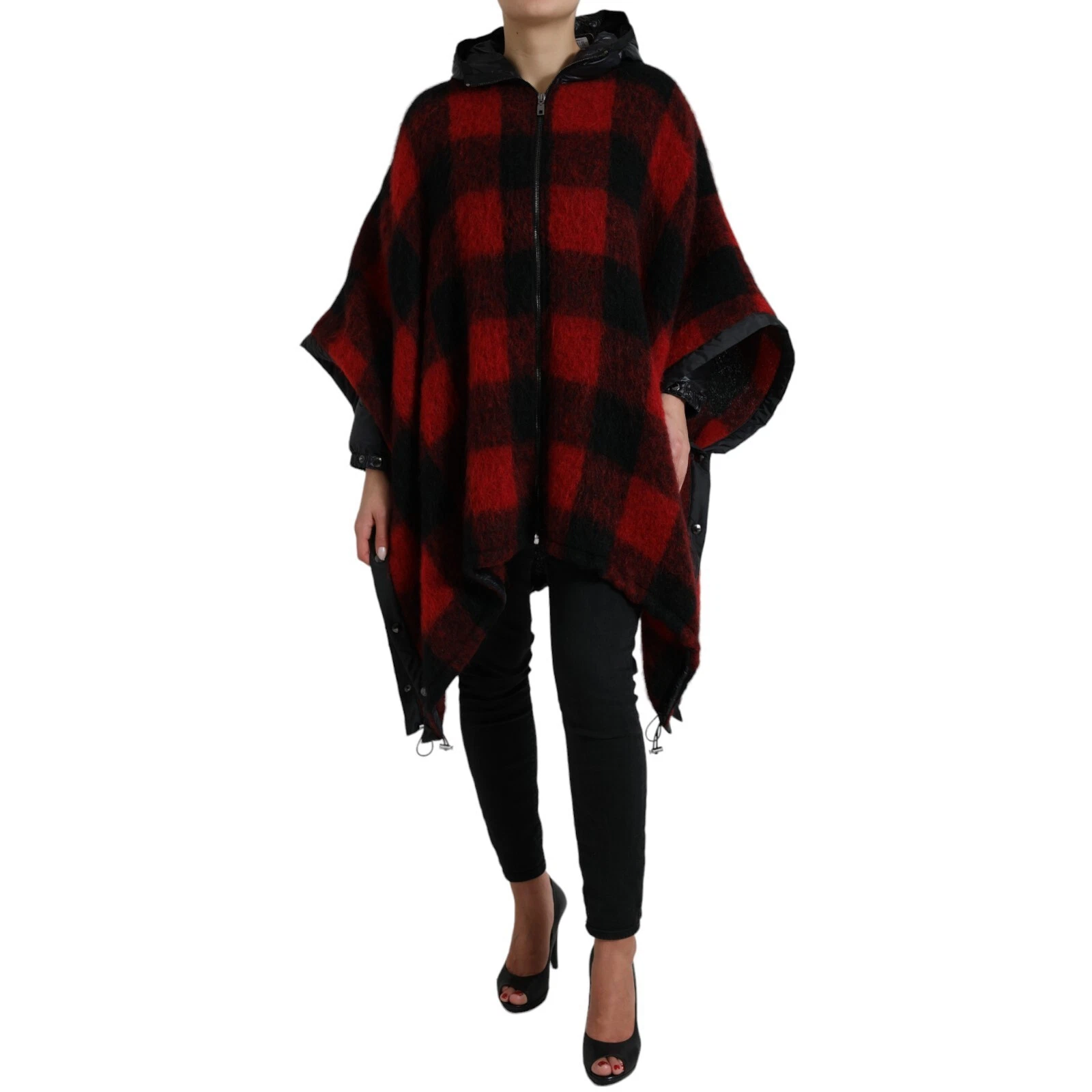 DOLCE & GABBANA Jacket Black Red Buffalo Check Hooded Poncho IT40/US6/S 2930usd