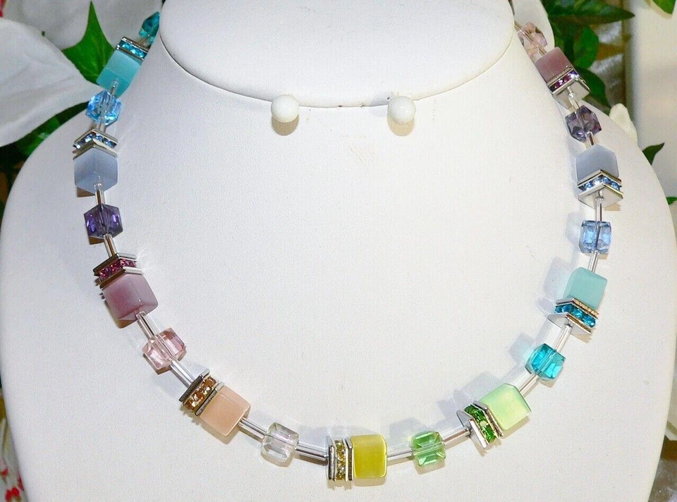 Halskette 8mm Cube Cat Eye weiß Kristallglas mehrfarbig pastell Strass 510m - Bild 3 von 4