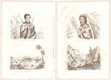 1834 Dumont d'Urville Engravings ~ King KAMEHAMEHA III & Sister ~ Manoa, HAWAII