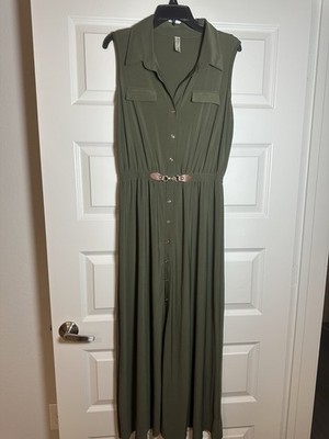 Fashion Concept Sleeveless Olive Collared Belted Maxi Dress Button-Down M