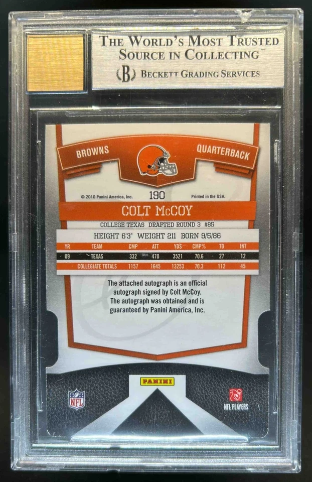 2010 Donruss Elite Colt McCoy Aspirations Auto Die Cut RC #15/49 Browns BGS 9/10 - Image 2 of 2
