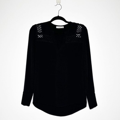 Sandro V-Neck Long Sleeve Blouse Lace Shoulder Women's Black Size 1 US Small