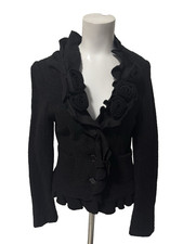 Boston Proper Women's Black Rose Ruffle V Neck Button Front Blazer /Jacket Sz 6