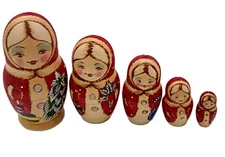 Vintage Russian Signed Hand Painted Set of 5 Nesting Dolls ~ Female Ms. Claus?