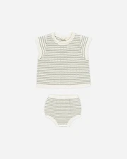 Rylee + Cru Onepieces Scallop Knit Baby Set || Sage Stripe 18-24m