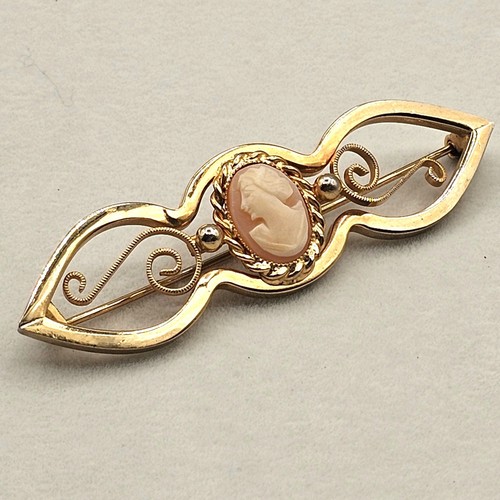 Gold Tone Cameo Bar Brooch Filigree Portrait 3" Pin Victorian Style