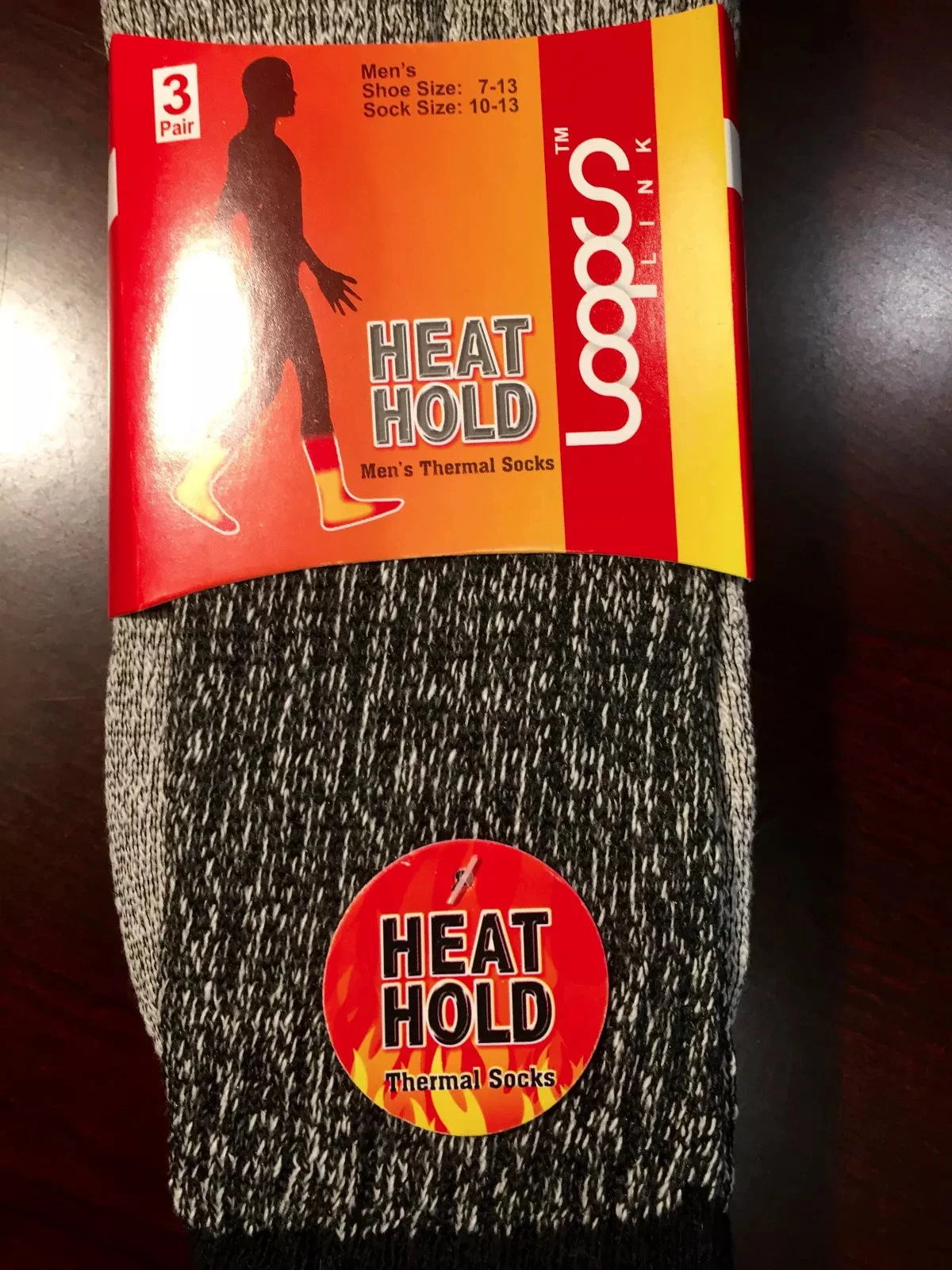 LOOPS LINK MEN'S HEAT HOLD THERMAL SOCKS 3 PAIR MEN SIZE 7-13 - BLACK/WHITE/RED