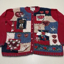 Vintage Heirloom Collectibles Embroidered Holiday Valentines Sweater Womens Lg