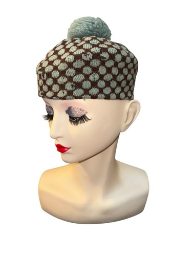 Vintage Mary Louise Hay Knit Blue And Brown Patterned Beanie Hat 1940s As Is - Picture 2 of 11