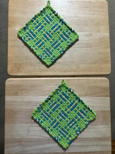 Handmade 2 LARGE 8 inch  Cotton Woven Potholders 3 Colors Lime Turquoise Yellow