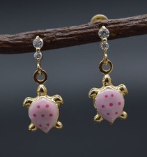 JM147 Enamel Pink Turtle 14K Solid Yellow Gold Dangle Screw-back Earrings