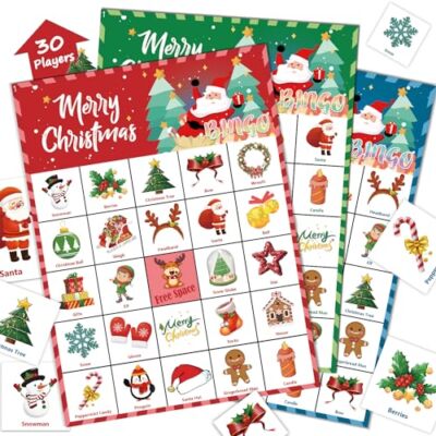 30 Players Christmas Bingo Game Cards for Adults and Kids Indoor Party Games