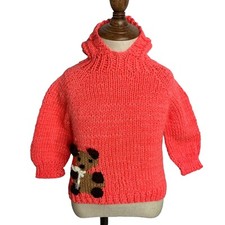 Vintage Handmade Knit Hooded Sweater 9-12 m Infant Pink Full Zip Back Teddy Bear