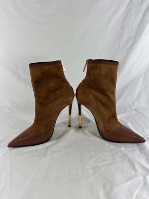 BALMAIN Brown Suede Leather Ankle Zip Heeled Boots Made in Italy