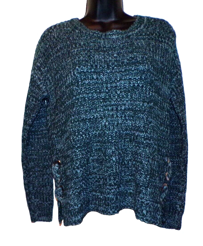 Women small Its Our Time Teel green white Chunky knit Sweater laced loop hips R2 - Image 2 of 4