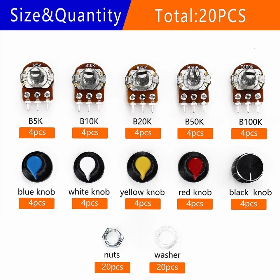 20Set WH148 15MM Rotary Potentiometer B5K/10K/20K/50K/100K 3Pin with Knobs & Box - Image 2 of 4