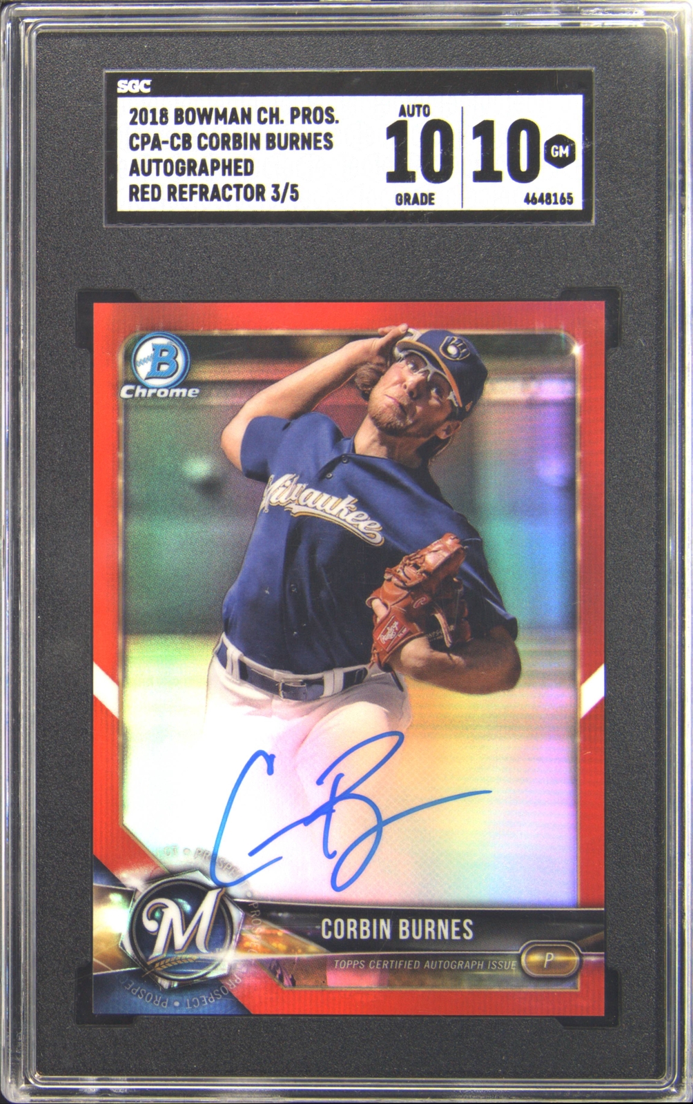 2018 Corbin Burnes Bowman Chrome SP RED Refractor Auto RC /5, SGC 10 10 POP 1