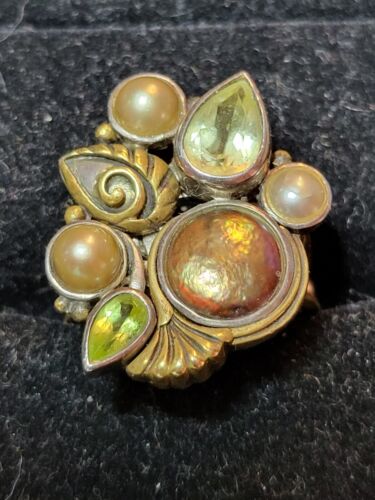 TRAUM STERLINGSILBER & BRONZE KUPFERTON PERLE & GELBER TOPASRING GRÖSSE 10