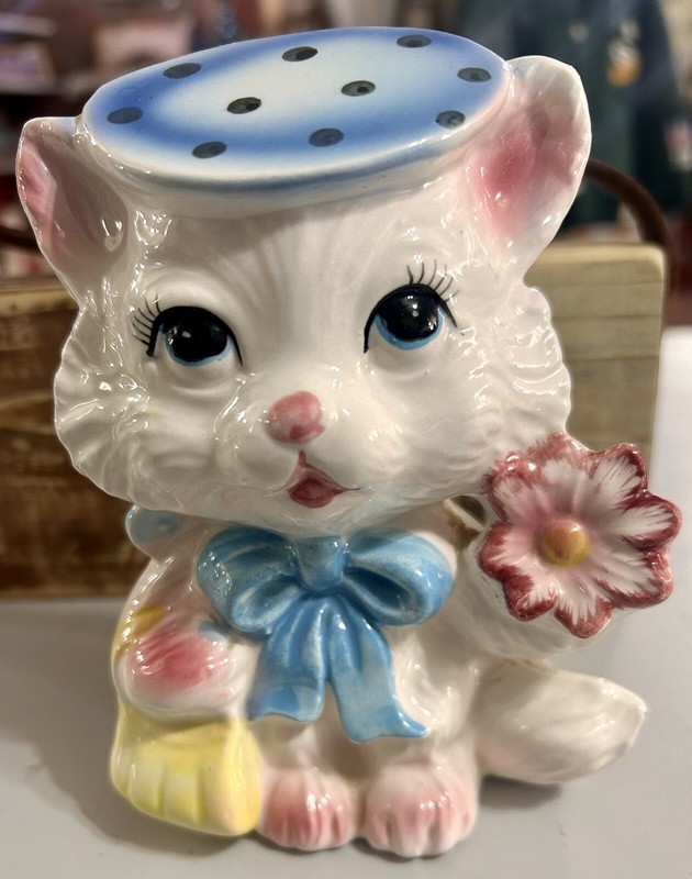 Vtg RARE Anthro Cat Japan Ceramic Figurine White WBlue PolkaDot Hat KITSCHY Cute