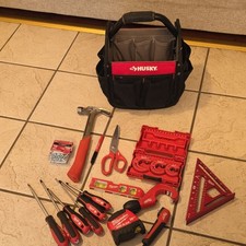 Husky Mixed Tool Set Bag Hammer Screwdriver Tape Measure Level Scissors Black