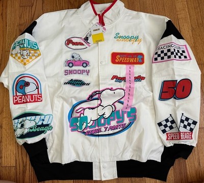NWT XL Womens Peanuts Snoopy Patch Moto Jacket Racing Oversized Fit White XL