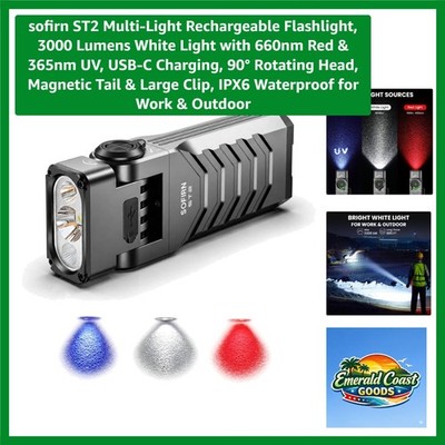 ST2 Rechargeable Multi-Light Flashlight: 3000 Lumens, UV & Red Light, Waterproof