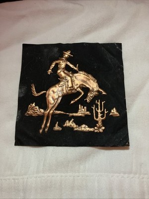 50-60's Copperplate of a Cowboy on a Bucking Bronco In Middle of the Desert *
