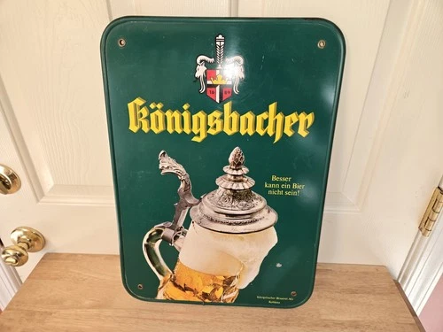 VTG 13X18 GERMAN KONIGSBACHER BEER  METAL&  PLASTIC BAR STORE SIGN STEIN GREEN