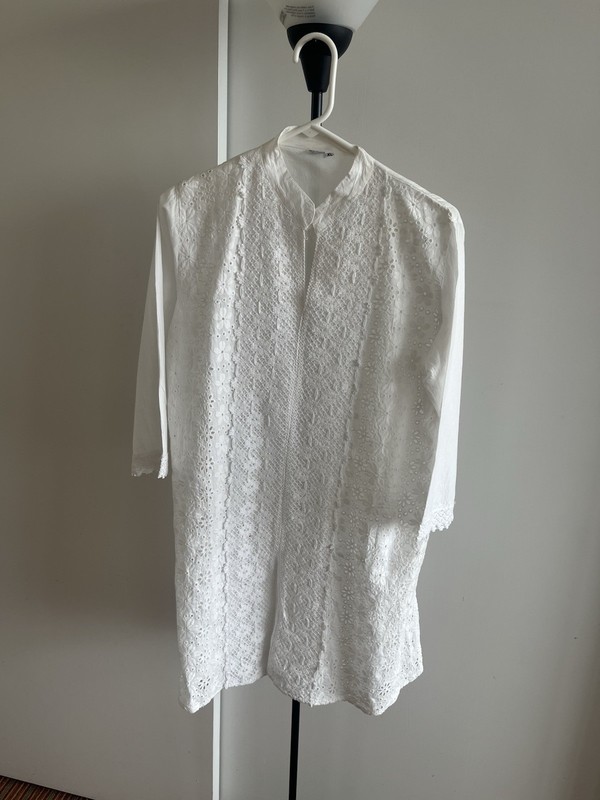New Fabindia Style Tunic Top Dress 100% Cotton Crochet Lace Eyelet White Large