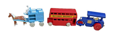 Lot Of 3 Matchbox Lesney Horse & Cart, Car, & Double Decker Bus 1988