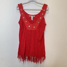 American Rag Boho Round Neck Sleeveless Red/Embellished Gauze Look Fringe Hem M
