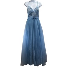 Azazie Prom Gown Maxi Dress Sz 2 Blue Princess Mesh Full Fairy Whimsical  V Neck