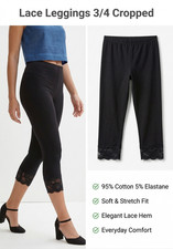 WOMEN LADIES CAPRI SOFT 3/4 CROPPED LACE TRIM LEGGINGS STRETCHY PANTS SUMMER 26