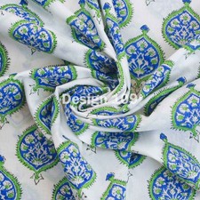 Indian Hand Block Print White Blue Motif 100% Cotton Women Dress Craft Fabric 