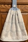 Double blue hanging kitchen towel white snowflakes crocheted Blue top