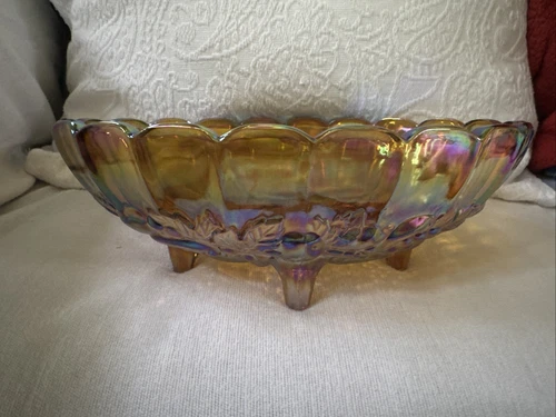 Vtg Indiana Iridescent Amber Carnival Glass Fruit Harvest Grape Footed Bowl 12”