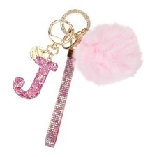 Initial Letter J Keychain with Pom and Rhinestone Wristlet, Pink