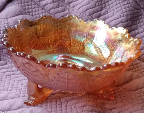 Fenton Antique Early 1900s 3 Twig Footed Leaf Tier Carnival Glass Bowl