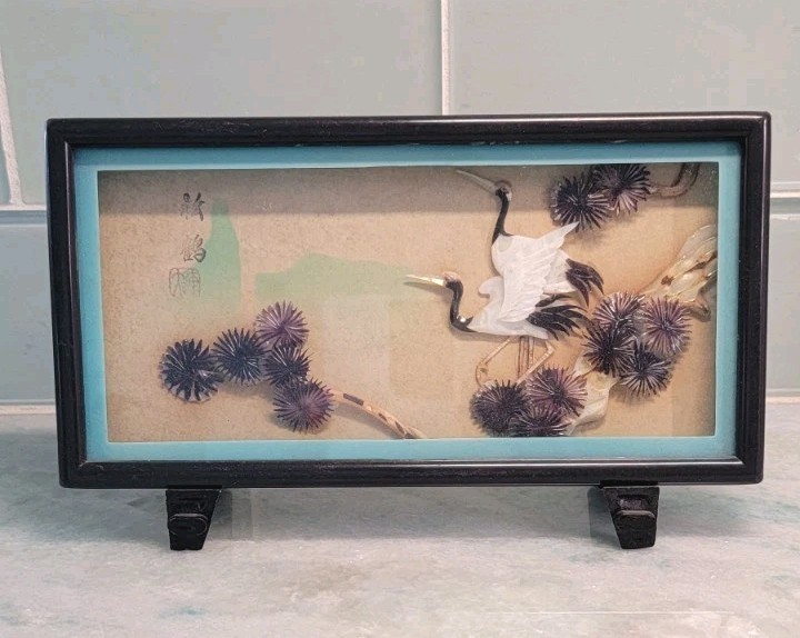 Vintage 3D Shadowbox Japanese Redheaded Cranes Made of Shells, Artist Stamp