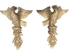 19" Antique Giltwood Carved Eagle perched on Flowers Gold Wall Sconces Set Of 2