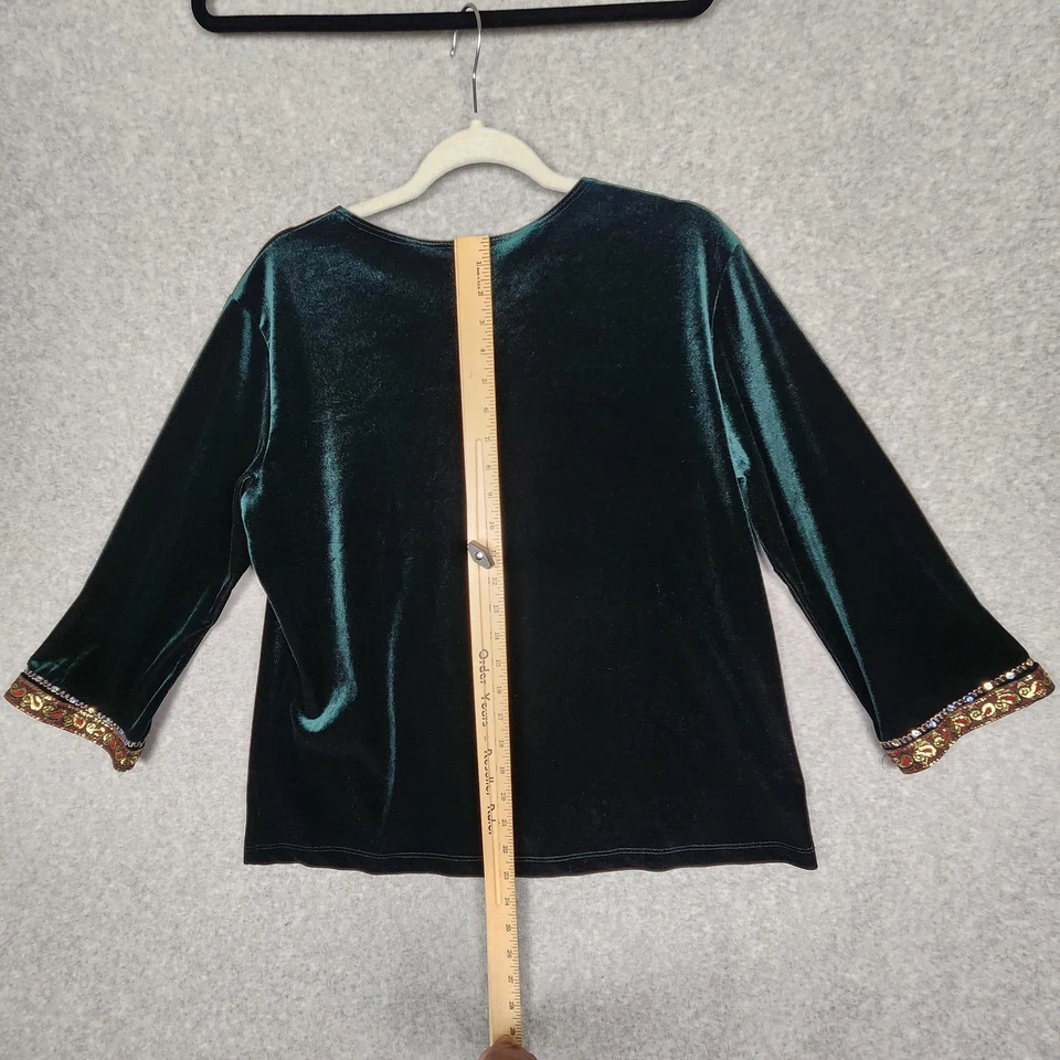 Impressions Lifestyle Top Womens XL Green Velvet Embellished 3/4 Sleeve Boho USA - Изображение 4 из 4